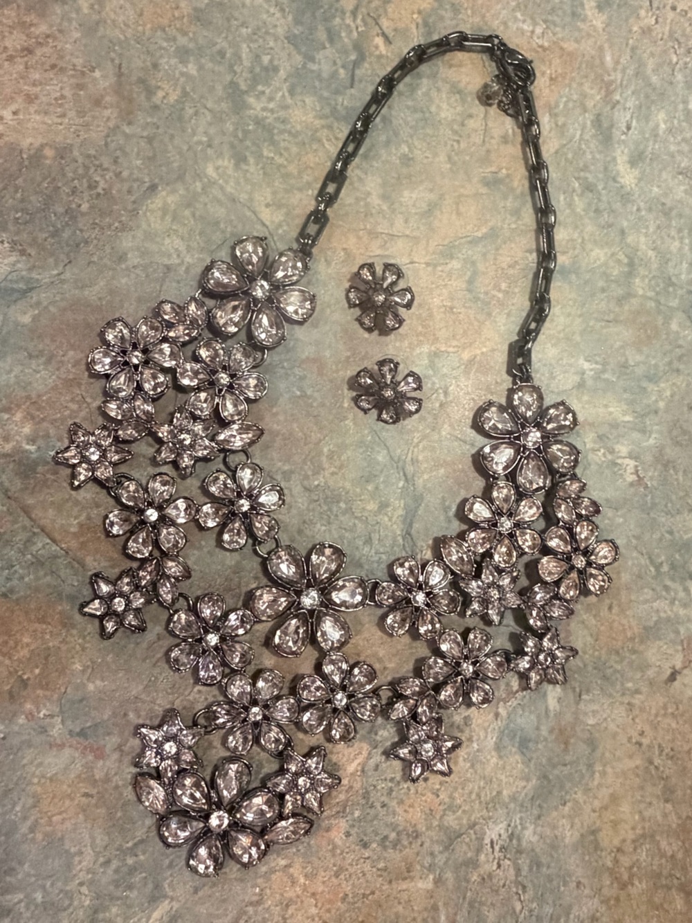 Floral Brown Crystal Statement Necklace and Earring Set - Gunmental-Tone
